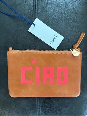 Clare V. Tan Leather Zip Pouch with Pink CIAO Graphic - New with tags /deadstock